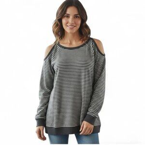 SUZANNE BETRO Cold Shoulder Cut Out Striped Tunic Sweater MEDIUM Fuzzy